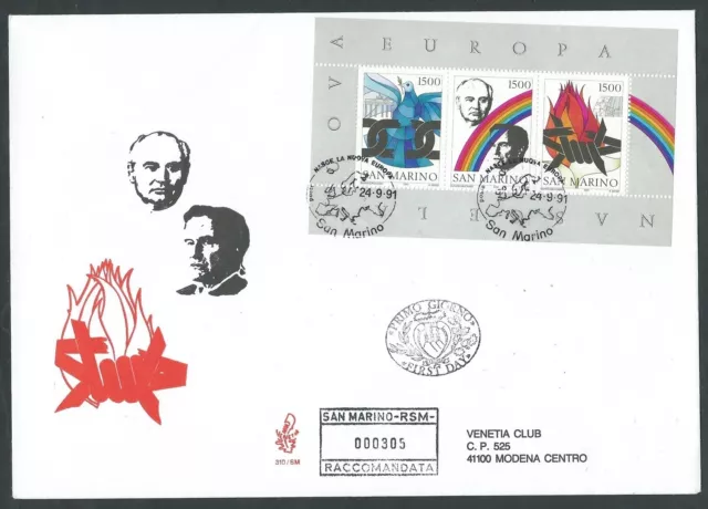 1991 San Marino Fdc Venetia 310 Nuova Europa Timbro Arrivo - Bg-3