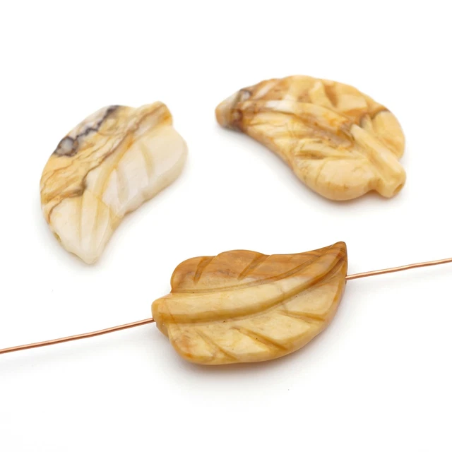3 large curved flat light brown picture jasper leaf beads carved stone avg 30mm
