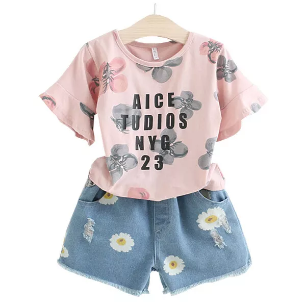 Completo Bimba bambina Maglia alice rosa pantaloni corti denim jeans   B040