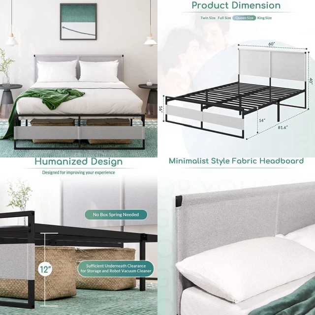 Airdown Metal Platform Bed Frame, 14 Inch Queen Size Frame Queen, Grey