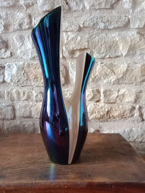 VERCERAM CERAMIQUE D'ART FRANCE VASE DOUBLE BLEU-BLANC DESIGN 26/36cm - XXe