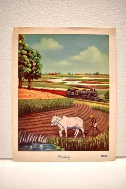 Vintage Indien Chemin de Fer Lithographie Imprimé Presse Représentant Fermier