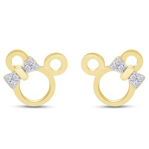 Minnie Mouse Children Stud Earrings Bow Simulated Diamond 14k Yellow Gold Plated