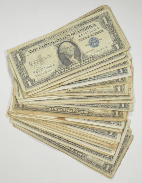 50 1935 or 1957 Silver Certificate $1 Blue Seal US Paper Money Off Quality *0219