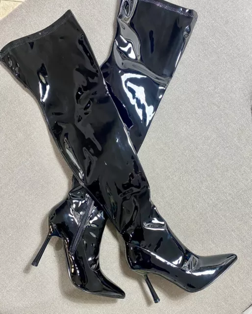 39 Black Patent Shiny PVC Vinil Overknee Boots High Sky Heels Sexy Night Club