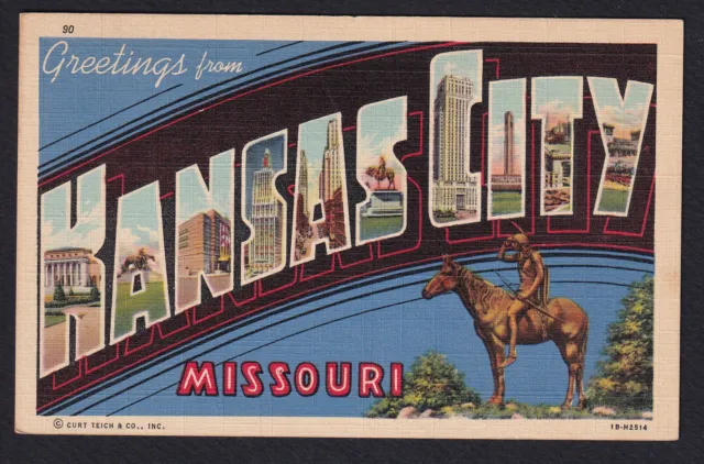 Missouri-MO-Kansas City-Large Letter Greeting-Scout Sioux-Vintage Linen Postcard