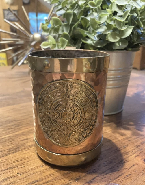VINTAGE MAYAN AZTEC Calendar Copper Brass Hammered Mule Mug Stein 35 vintage-mayan-aztec-calendar-copper-brass-hammered-mule-mug-stein-35