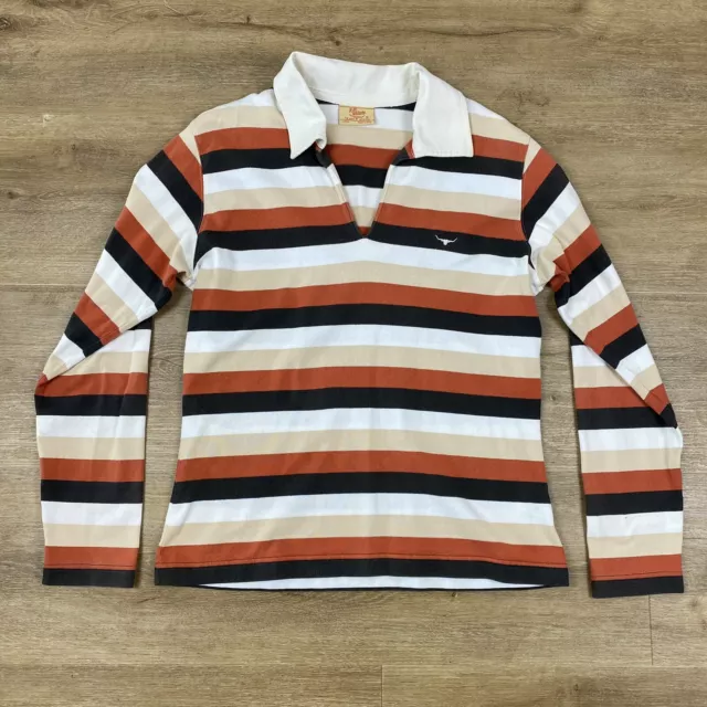 RM Williams Stockyard Red Beige Black White Stripe Long Sleeve Rugby Polo Size S