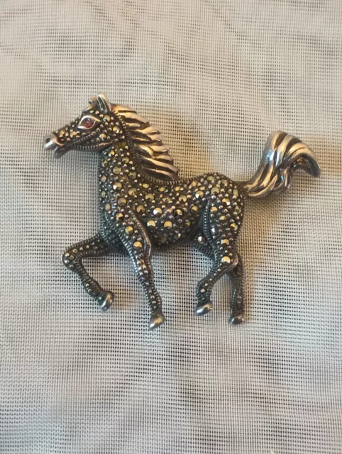 Sterling Silver Marcasite Horse Pin Brooch Pendant Garnet