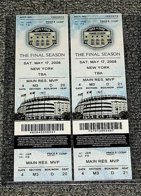 May 17 2008 Yanks Vs Mets Final Stadium Season Subway Series Jeter Hr 2 Full Tix