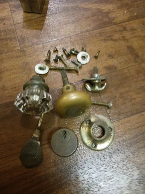 Lot Assorted Antique Vintage Brass Snd Glass door knobs,  trim pieces.