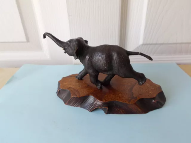 Antique Japanese Bronze Elephant, Meiji Period, Signed  with  wood stand