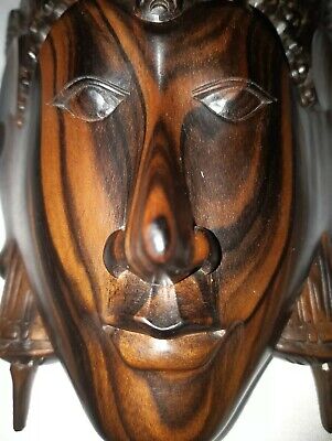 Buddha Head Face Figure Hand Carved Mask Decor Vintage Wall Hang Wood Statue Art