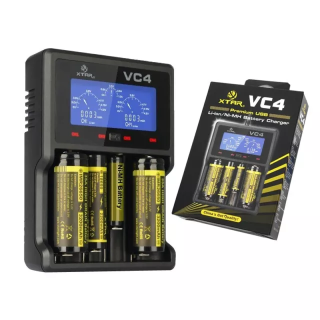 Xtar VC4 Ladegerät Li-Ion 3,6V - 3,7V mit USB Kabel e Zigarette Akku
