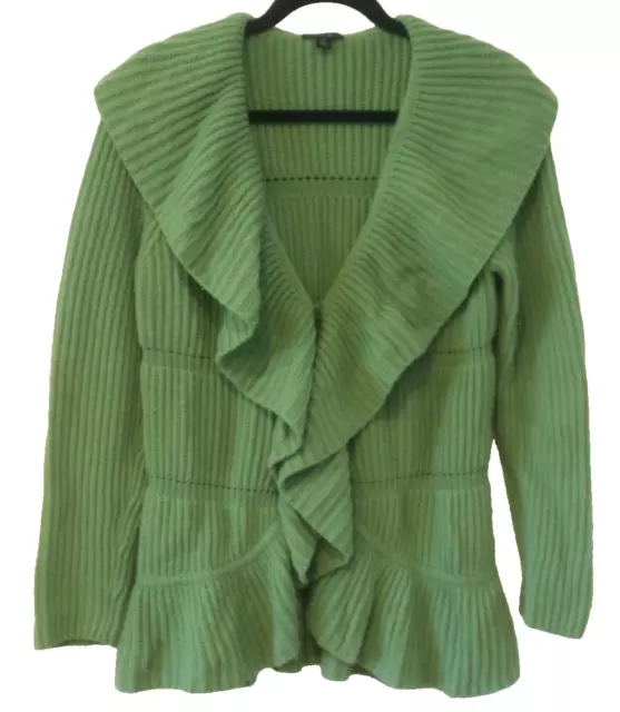 Lafayette 148 NY Women's Size Medium Wool Cashmere Cardigan Sweater Ruffle Green