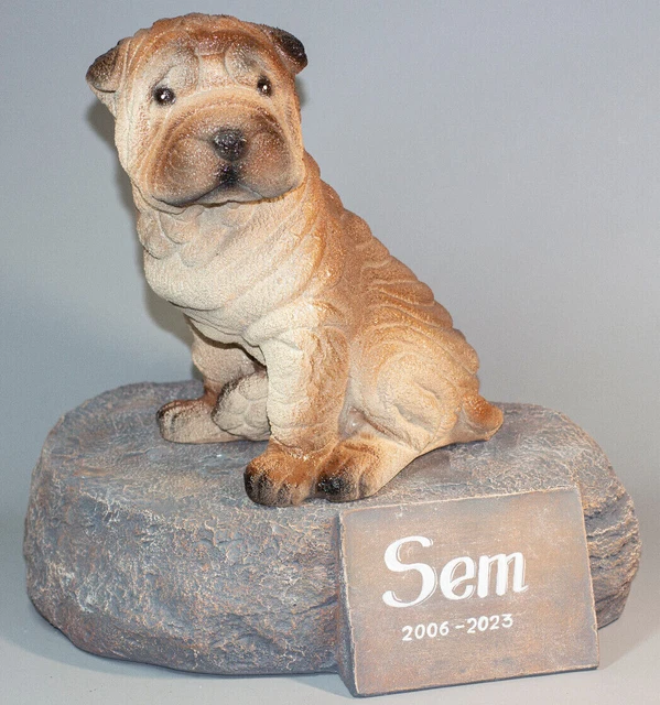 Urna de cremación de mascotas estatua de piedra conmemorativa cenizas Shar Pei perro tumba ataúd figura