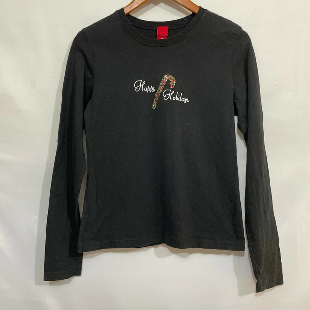 Womens Black Candy Canes Happy Holidays Long Sleeve Pullover T Shirt Size Medium