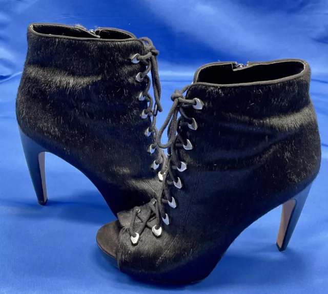 Sam Edelman Karmen Black Calf Hair Lace-up Open Toe Heels Ankle Booties Size 8.5