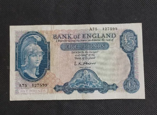 1961 Bank of England O'BRIEN Five £5 Pound Banknote Ind:A75