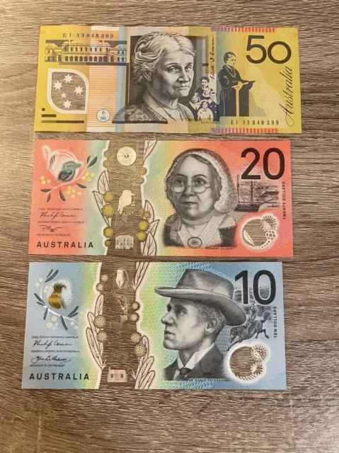 3 Banknotes 10+20+50 Dollar Australia CIR.Currency AUD. Polymer Circulated Notes