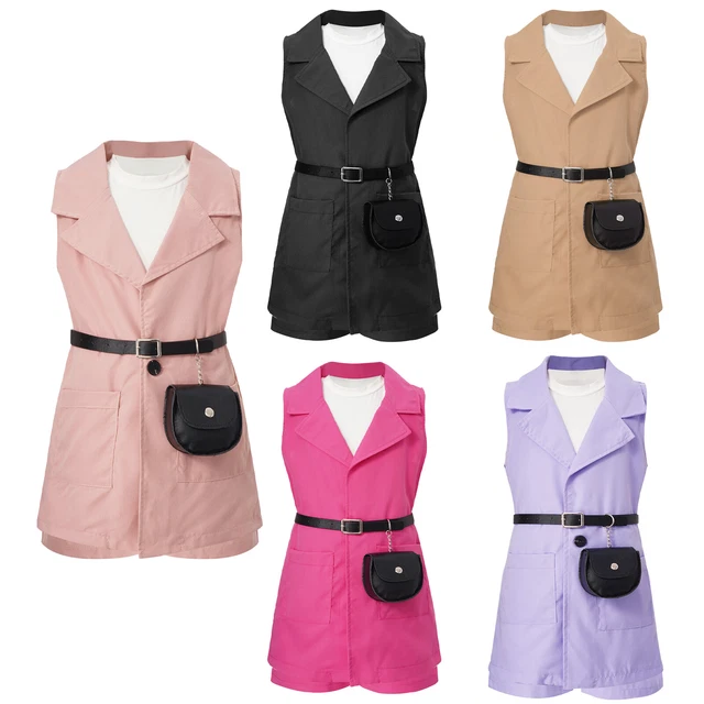 Kid Girls Blazer Suit Outfit Sleeveless Jacket Top with Shorts Set and Waist Bag