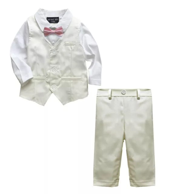 Baby Boy Formal Wedding Tuxedo 2pc Cream Suit with Pink Bow Tie Free UK P+P