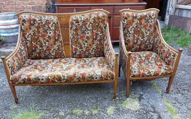 Antique English Edwardian Inlaid Mahogany Salon Sofa & Armchair for Restoration