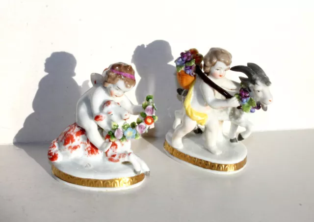Ancienne Statuette Porcelaine Figurine Angelot Cherubin Ange Agneau Chevre Signé