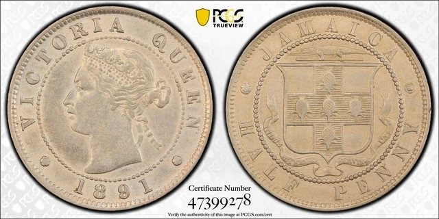 1891 Jamaica 1/2 Penny Queen Victoria Colonial Coin PCGS About UNC Details