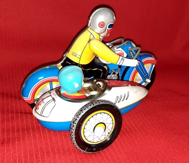 Altes Blechspielzeug Motorrad mit Beiwagen, Fahrer+Kind, Vintage Sammlung