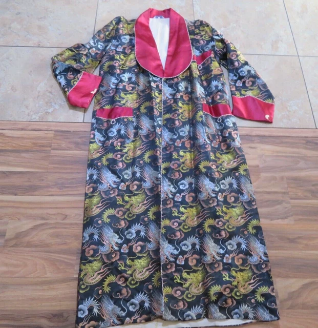 VTG Dragon All-Over Print Emboidered Kimono Robe Smokers Coat Black Red Japan L