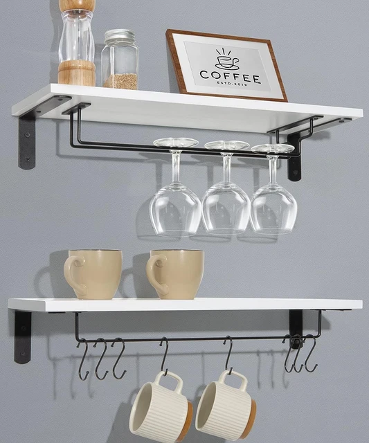 Rack Wall with Glass Holder 20 Inch Long White Floating Shelf Wall Mounted
