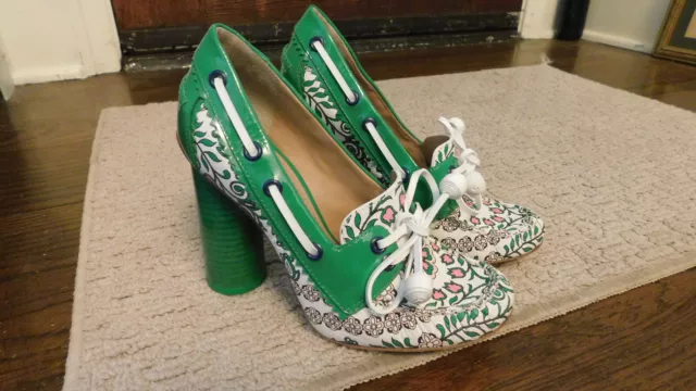 Tory Burch Garden Party Fisher Loafer Pump Kelly Green Floral 4" heel sz 6 EUC