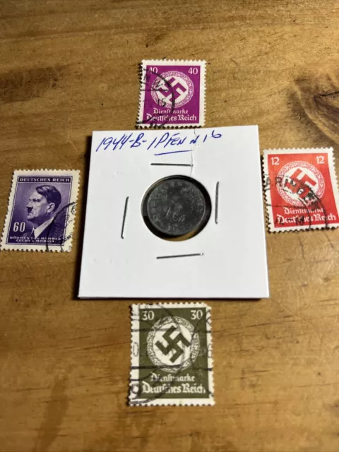 WW2 GERMAN NAZI 1944-B 1 Pfennig Nazi Coin And Stamps Swastika £4.07 ...