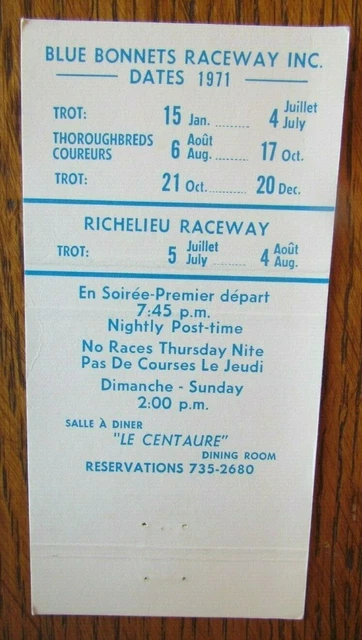 Horse Racing Sports Matchbook Matchcover: 1971 Blue Bonnet (Montreal Quebec) E13 3
