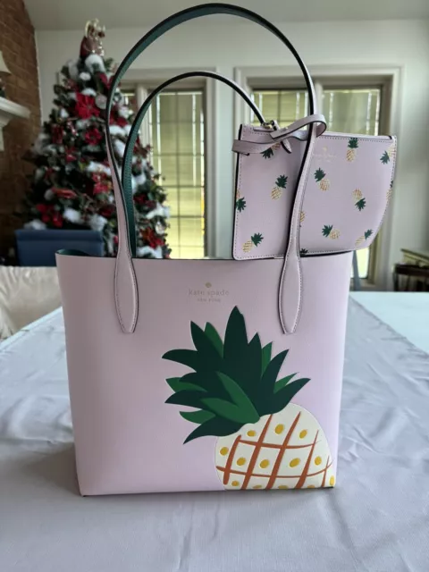 New Kate Spade Colada Pineapple Reversible Tote with Pouch Pink-Green NWT