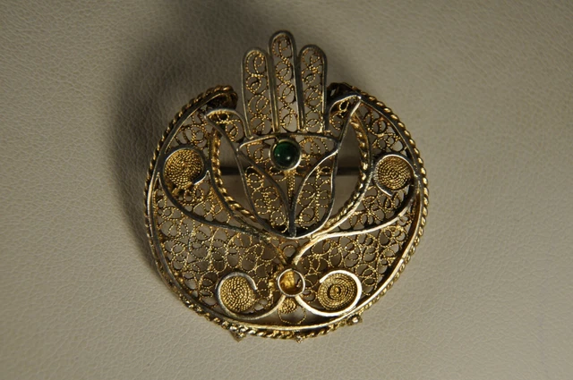 Broche Ancien Filigrane Argent Massif Main Fatma Antique Solid Silver Brooch