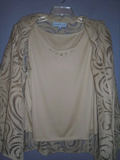 SAMANTHA GREY Long Sleeve Burnout TAN Shirt Tank/Shell 2 pc SET Women 14 NWT $44
