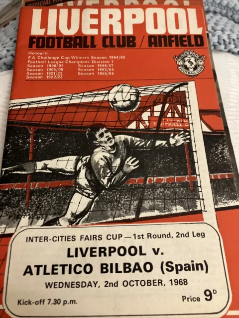Liverpool V Atletico Bilbao Programme Inter Cities Fairs Cup