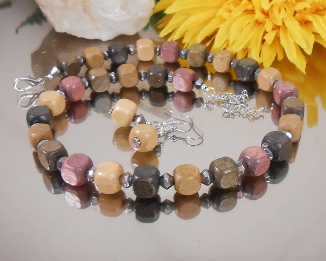 2er Set Collier u. Ohrringe Holzperlen in Naturfarben Glas Rhomben silber