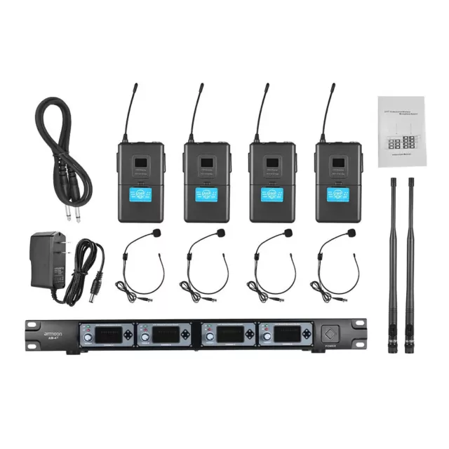 Audio Wireless Microphone System UHF 4 Channel 4 Lavalier Bodypacks Headset 80M