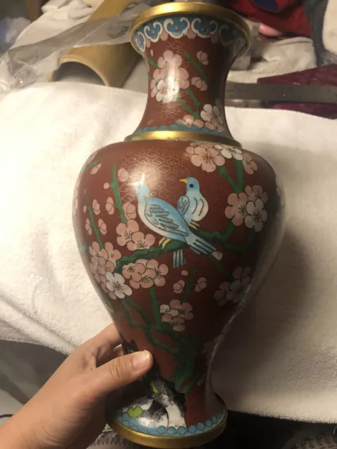 Antique Chinese Cloisonne Vase bird & Flower  12" Tall