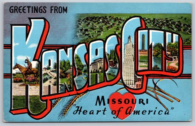 Postcard Greetings from Kansas City Missouri large letter Heart of America O125