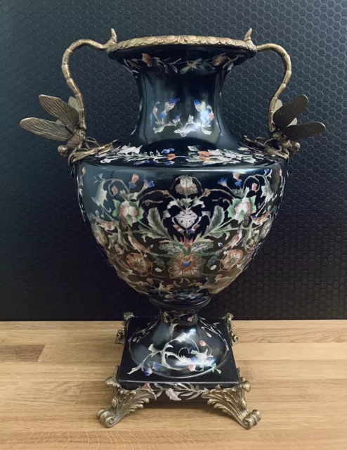 XL Vase Porzellan Bronze Libellen Jugendstil Prunkvase Blumenmuster Antik Stil