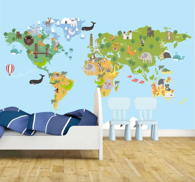 Animals Building World Map Wallpaper Mural Photo Children Room Nursery Poster