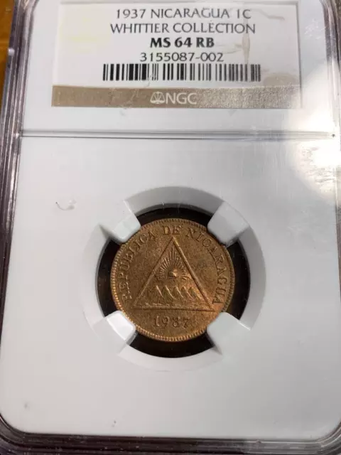 Nicaragua 1937 1 Centavo NGC Graded MS64 RB U.S.A Mint Made SKU# 31827