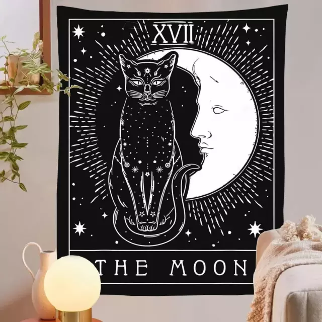 Wall Hanging Tarot Cat Moon Psychedelic Black White Mysterious Witchcraft Hippie