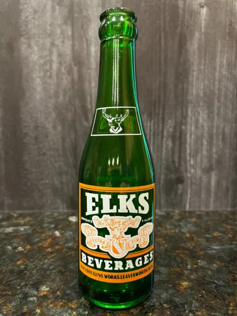 1948 Elks Beverages 7oz. ACL Soda Bottle - Elk's Bottling - Leavenworth, KS
