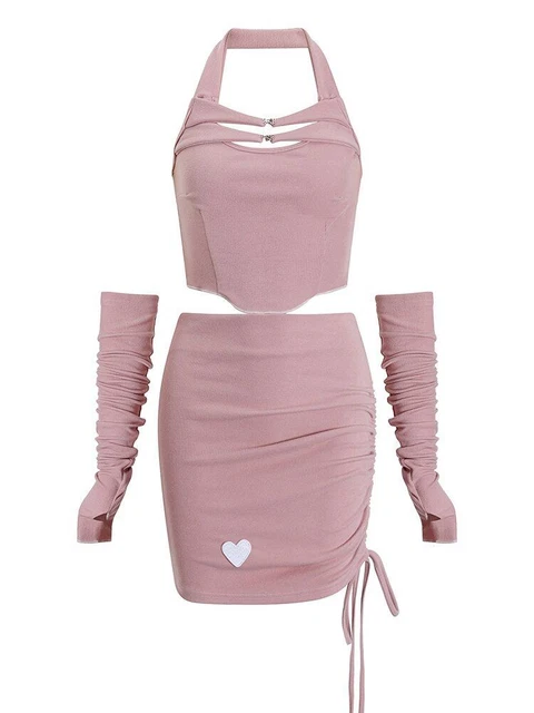 Canotta Vita Alta Coulisse Mini Gonna Abiti Rosa 2 Pezzi Set