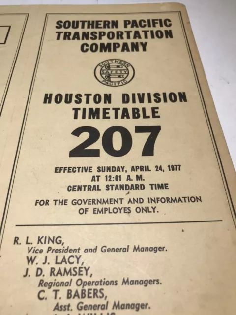 1977 Timetable 207 Houston Division Southern Pacific Transportation Company